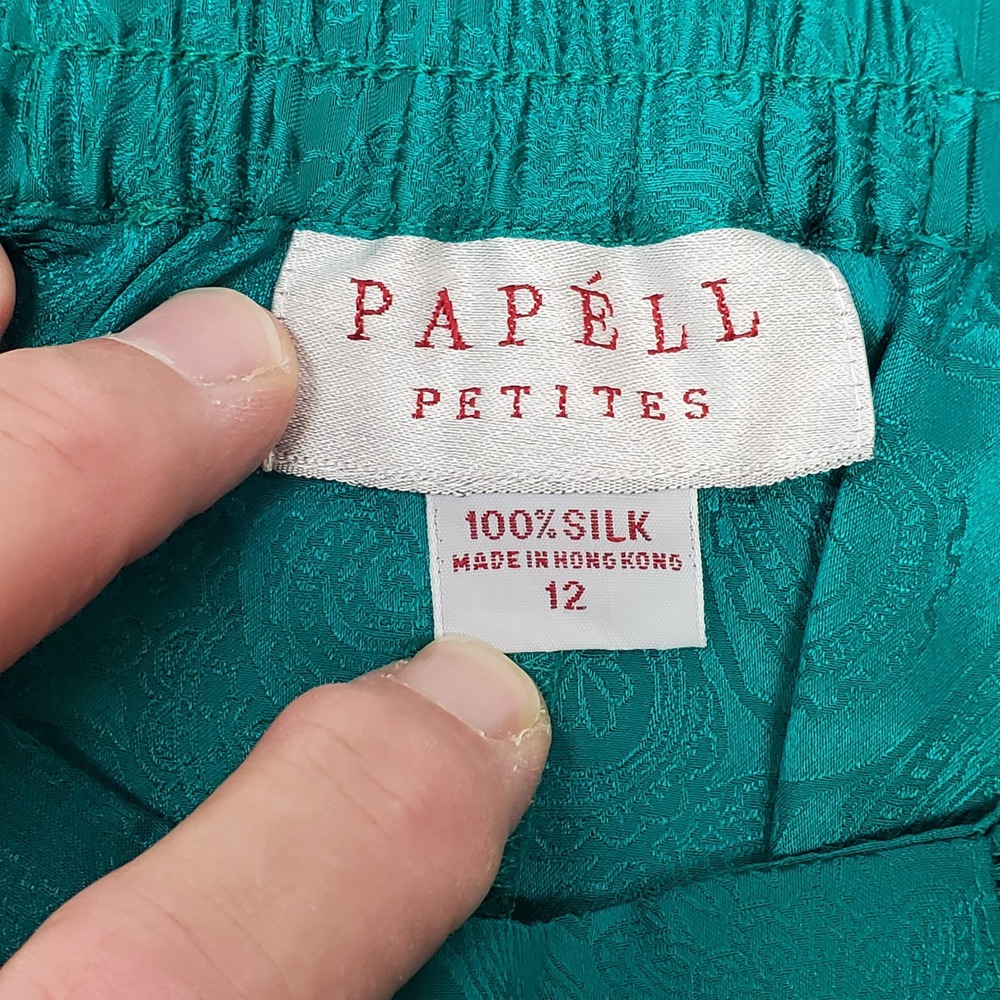 Papell Petites Vintage 100% Silk Teal Paisley Jacquard Skirt Suit Set 12P Luxury - Picture 11 of 16